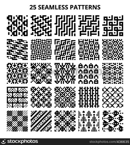Abstract geometric seamless black and white vector patterns. 25 repeating retro textures. Illustration of geometric pattern repeat, print monochrome graphic. Abstract geometric seamless black and white vector patterns. 25 repeating retro textures