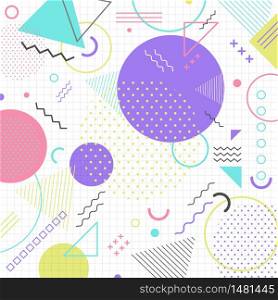 Abstract geometric shape pattern in retro 80s on grid background. Memphis style. Vector illustration