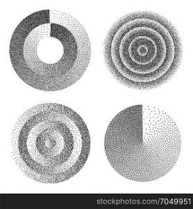 Abstract Geometric Shape Set Vector. Abstract Geometric Shape Vector. Black Dotted Round Circle. Film Grain, Noise, Grunge Texture. Halftone Background. Vintage Dotwork
