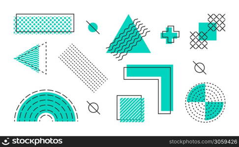 Abstract Geometric Shapes. Abstract geometric compositions set. Memphis design, retro elements for web, vintage, advertisement, commercial banner, sale. Vector illustration