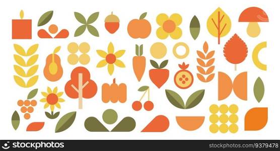 Abstract geometric shapes, bauhaus geometric elements. Trendy minimalist basic figures, fruits, vegetables and trees. Modern graphic design element vector set. Abstract geometric shapes, bauhaus geometric elements. Trendy minimalist basic figures, fruits, vegetables and trees