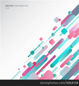 Abstract geometric shapes dynamic composition made of various blue and pink color rounded lines diagonal on white background. Minimali motion design. Vector illustration