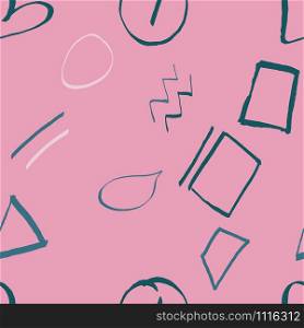 Abstract geometric shapes on pink trendy seamless pattern with hand drawn textures colorful background. Design for wrapping paper, wallpaper, fabric print, backdrop. Vector illustration.. Abstract geometric shapes on pink trendy seamless pattern with hand drawn textures colorful background.