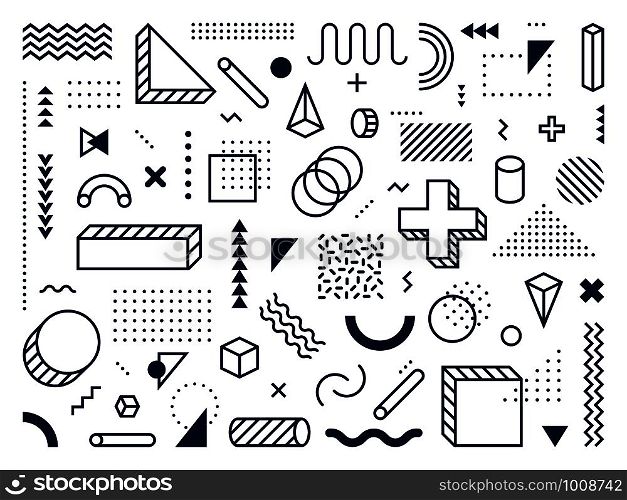 Abstract geometric shapes. Outline circle, triangle and cube. Trendy memphis style symbols, lines and dots patterns. Geometry maths hipster ornament abstract signs. Isolated vector icons set. Abstract geometric shapes. Outline circle, triangle and cube. Trendy memphis style symbols, lines and dots patterns vector set
