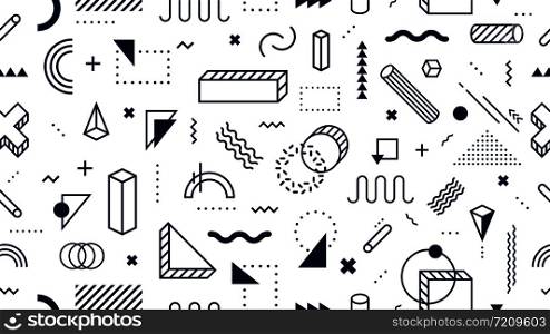 Abstract geometric shapes seamless pattern. Trendy memphis style, funky 80s memphis style design. geometric 90s funky pop poster or invitation card background vector illustration. Abstract geometric shapes seamless pattern. Trendy memphis style, funky 80s memphis style design background vector illustration