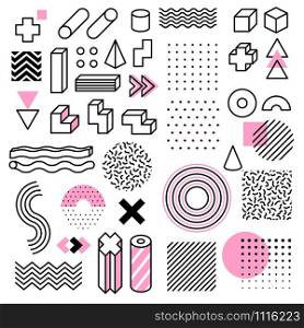 Abstract geometric shapes. Universal trend memphis style graphic symbols. Circle, triangle and cube, line and dots elements vector geometrical ornament set. Abstract geometric shapes. Universal trend memphis style graphic symbols. Circle, triangle and cube, line and dots elements vector set