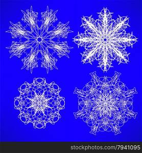Abstract Geometric Snow Flakes Collection Isolated on Blue Background. Snow Flakes