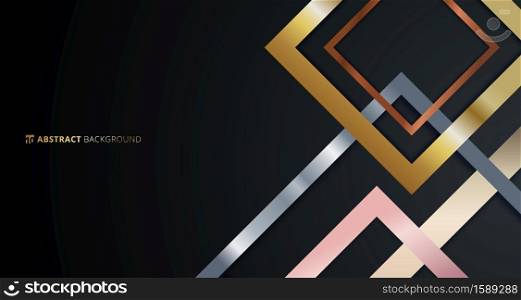 Abstract geometric square border pattern golden, silver, pink gold metallic overlapping on black background. Luxury style. Vector illustration
