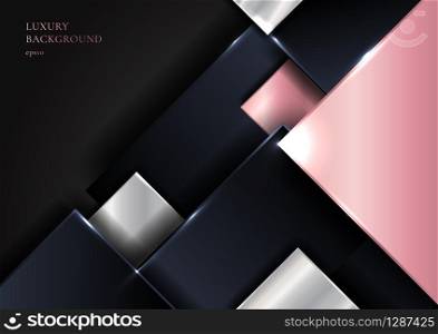Abstract geometric square shape shiny pink gold, silver, dark blue color overlapping with shadow on black background. Luxury style. Vector illustration