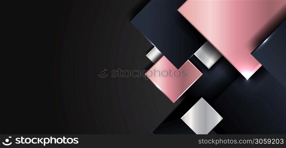 Abstract geometric square shape shiny pink gold, silver, dark blue color overlapping with shadow on black background. Luxury style. Vector illustration