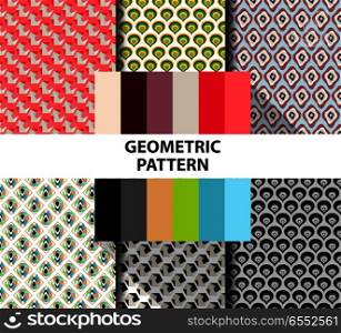 Abstract geometric striped pattern with colorful rhombus and color palette