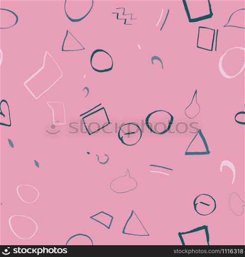 Abstract geometric teal shapes on pink modern seamless pattern with hand drawn texture colorful background. Design for wrapping paper, wallpaper, fabric print, backdrop. Vector illustration.. Abstract geometric teal shapes on pink modern seamless pattern with hand drawn texture colorful background.