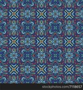 abstract geometric tiles bohemian ethnic seamless pattern ornamental. Hand drawn graphic print. Gorgeous seamless patchwork pattern from blue and white oriental tiles, ornaments