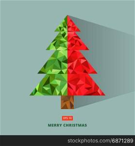 Abstract geometric triangle low poly art style green and red christmas tree greeting card, polygonal design for brochure, magazine, poster, leaflet, print, ad, icon, Vector illustration