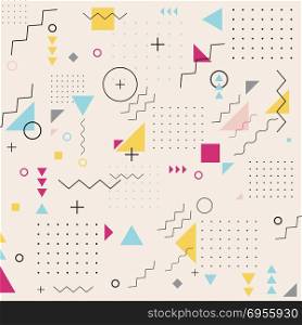 Abstract geometric triangle square circle wavy pattern background. Memphis. Retro fashion style. Vector illustration for textile fabric design, ad print and website design