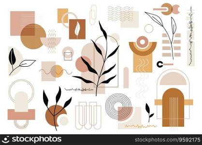 Abstract geometrical and floral objects mega set in graphic flat design. Bundle elements of different brown and beige geometric shapes and leaf plants collage. Vector illustration isolated stickers