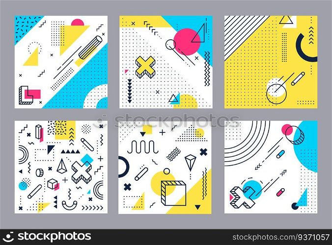 Abstract geometrical background. Modern geometric shapes, funky minimal and memphis style square cards design. 80s retro pop backdrop wallpaper isolated vector illustration set. Abstract geometrical background. Modern geometric shapes, funky minimal and memphis style square cards design vector illustration set
