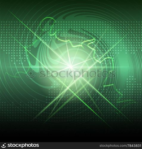 Abstract geometrical background with swirls and rays of light against dark green industrial background