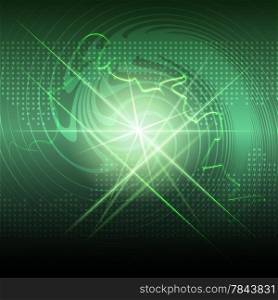 Abstract geometrical background with swirls and rays of light against dark green industrial background