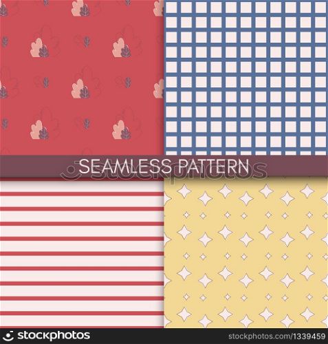 Abstract, Geometrical Seamless Patterns, Decorative Backgrounds, Textile Print or Gift Wrapping Paper Ornament Templates Set with Floral Doodles, Colorful Stripes and Stars Flat Vector Illustration