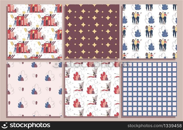 Abstract, Geometrical Seamless Patterns, Decorative Backgrounds, Textile Print or Wrapping Paper Ornament Templates Set with Blogging, Streaming Video, Shooting Selfie People Flat Vector Illustration