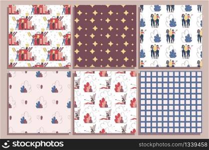 Abstract, Geometrical Seamless Patterns, Decorative Backgrounds, Textile Print or Wrapping Paper Ornament Templates Set with Blogging, Streaming Video, Shooting Selfie People Flat Vector Illustration