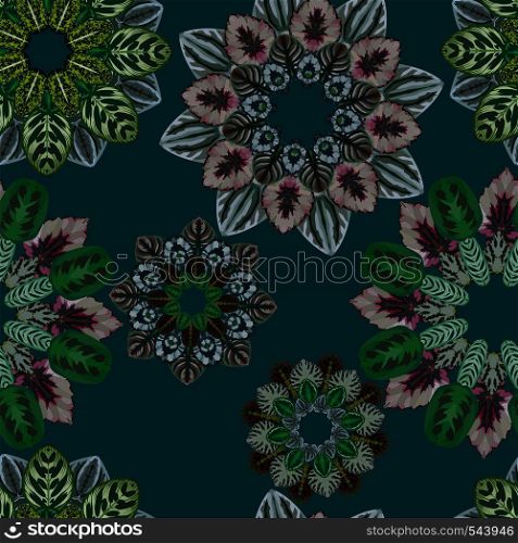 Abstract geometry oriental fractal from tropical leaves, seamless pattern beach floral wallpaper on a green background