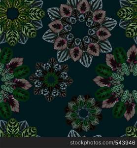 Abstract geometry oriental fractal from tropical leaves, seamless pattern beach floral wallpaper on a green background