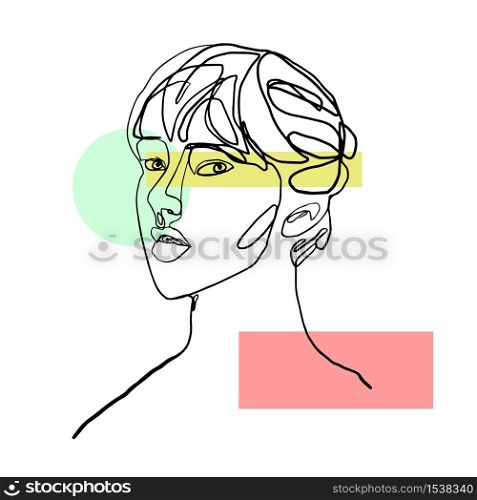 Abstract girl portrait drawn by one line. The girl&rsquo;s face is drawn by a continuous line on a white background and geometric details.. Abstract girl portrait drawn by one line.
