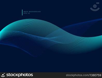 Abstract glow blue wave or wavy lines flowing design element on dark blue background. Science or technology concept. Vector illustration
