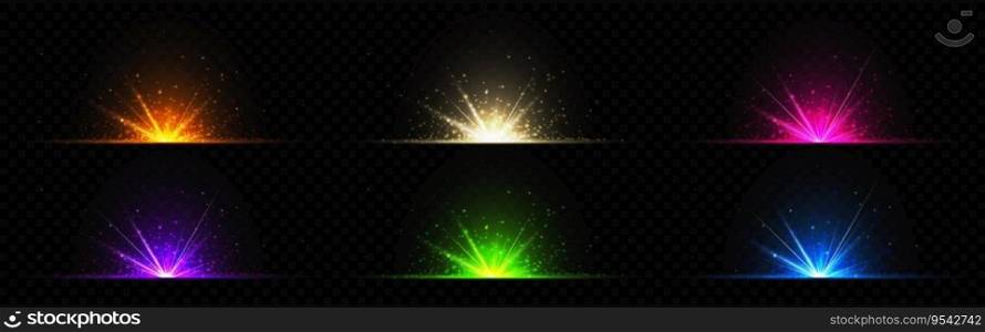 Abstract glow star or sun light effect - realistic vector illustration set of bright flash ray with sparkles of various colors on dark background. Transparent spotlight or explode beam with glitter.. Abstract glow star or sun light effect