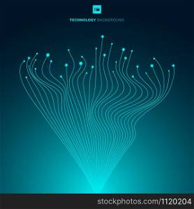 Abstract glowing blue wavy lines motion pattern and dynamic line with particles elements dots light on dark background. Modern technology futuristic concept. Vector illustration