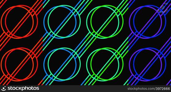 Abstract glowing geometric lines and figures. Set of dark vector seamless patterns for textile, prints, wallpaper, wrapping paper, web etc.