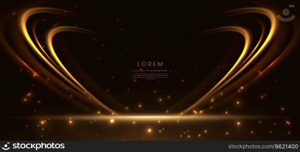 Abstract glowing gold curved element on dark  background with lighting effect glitter and sparkle with copy space for text. Luxury design style. Vector illustration