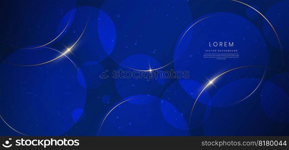 Abstract glowing gold curved lines on dark blue background with lighting effect and sparkle with copy space for text. Luxury design style. Vector illustration