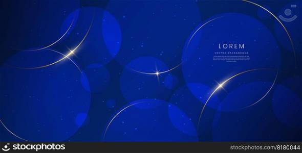 Abstract glowing gold curved lines on dark blue background with lighting effect and sparkle with copy space for text. Luxury design style. Vector illustration