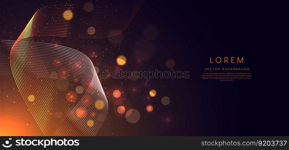 Abstract glowing gold curved lines on dark blue background with lighting effect and sparkle with copy space for text. Vector illustration