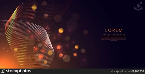 Abstract glowing gold curved lines on dark blue background with lighting effect and sparkle with copy space for text. Vector illustration