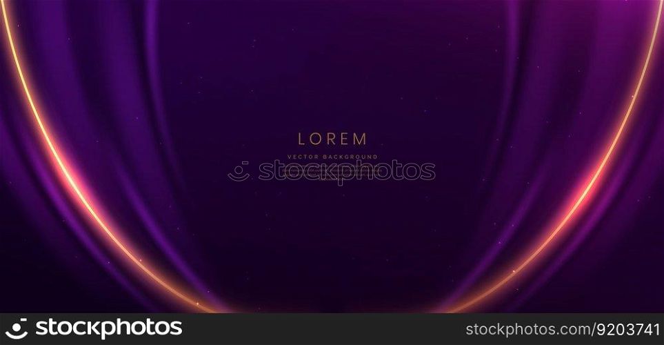 Abstract glowing gold curved lines on dark purple background with lighting effect and sparkle with copy space for text. Luxury design style. Vector illustration