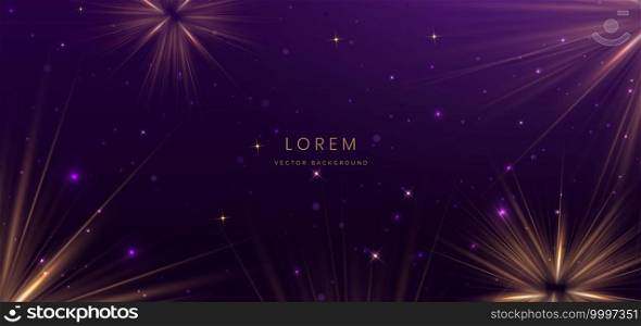 Abstract glowing gold lighting lines on dark purple background with lighting effect and sparkle with copy space for text. Luxury design style. Vector illustration