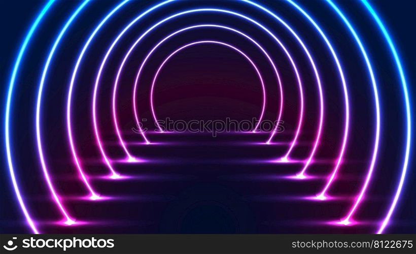Abstract glowing neon lighting rounded tunnel walkway technology futuristic retro style. Vector illustration