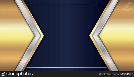 Abstract Gold and Silver Metallic Geometric Triangle Header on Blue Background. Luxury Style. Vector Illustration