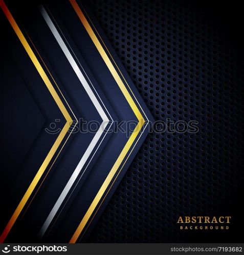 Abstract gold and silver metallic geometric triangle layers on dark blue background. Vector illustration
