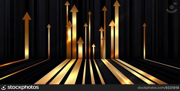 Abstract gold arrow vertical lines on dark black background with lighting effect and sparkle with copy space for text. Luxury template award design style. Vector illustration