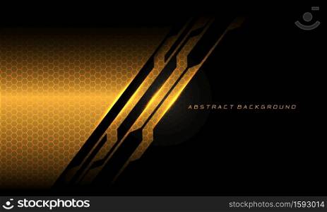 Abstract gold black cyber circuit line hexagon mesh pattern texture with text on blank space design modern luxury futuristic technology background vector illustration.