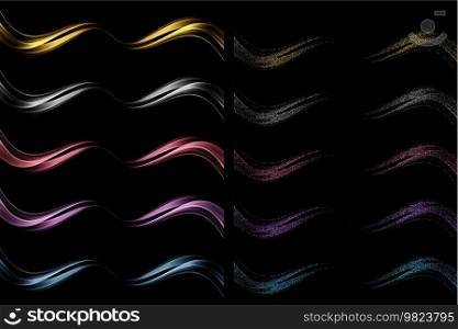 Abstract Gold Blue Pink Purple Waves. Shiny golden moving lines design element with glitter effect on black background for gift, greeting card and disqount voucher. Vector Illustration. Abstract Gold Light Waves. Shiny golden moving lines design element with glitter effect on dark background