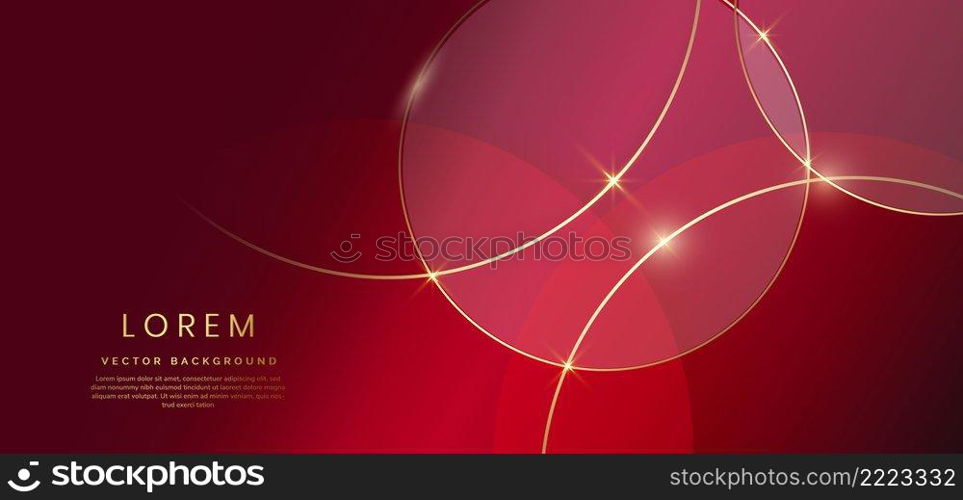 Abstract gold circles lines overlapping on dark red color background. You can use for ad, poster, template, business presentation. Vector illustration