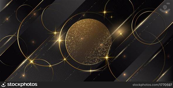 Abstract gold circles lines overlapping on diagonal lines black background. Luxury concept. You can use for ad, poster, template, business presentation. Vector illustration