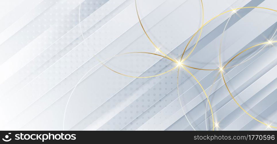 Abstract gold circles lines overlapping on diagonal lines white background. Luxury concept. You can use for ad, poster, template, business presentation. Vector illustration
