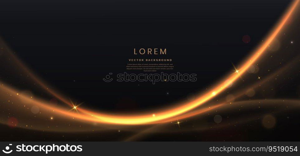 Abstract gold curved lines on black background with lighting effect bokeh and copy space for text. Luxury design style. Vector illustration